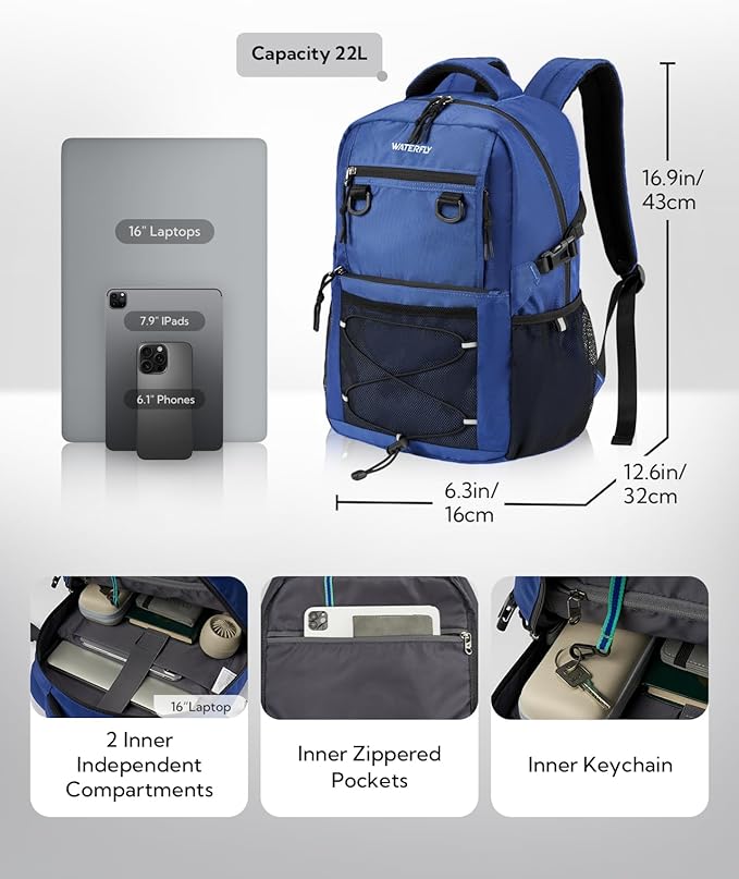 WATERFLY Travel Hiking Casual Backpack: 22L Lightweight Everyday Outdoor City Daypack College Bookbag for Woman Man