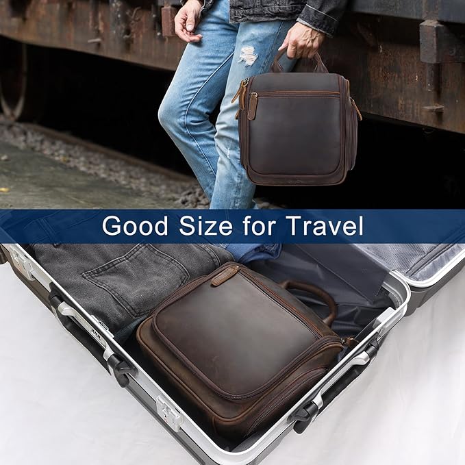 Masa Kawa Leather Hanging Travel Toiletry Bag for Men Portable Expandable Camping Cosmetics Makeup Toiletries Organizer Vintage Bathroom Shaving Kit Brown Wash Bags