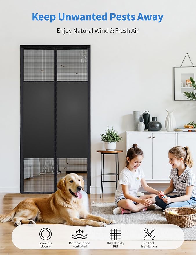 Magnetic Screen Door with Privacy Protection, Thick PET Mesh Screen Fit for Door Size 36x80 Inch, Pet Friendly Screen Curatin for Doorway to Keeps Bugs Out
