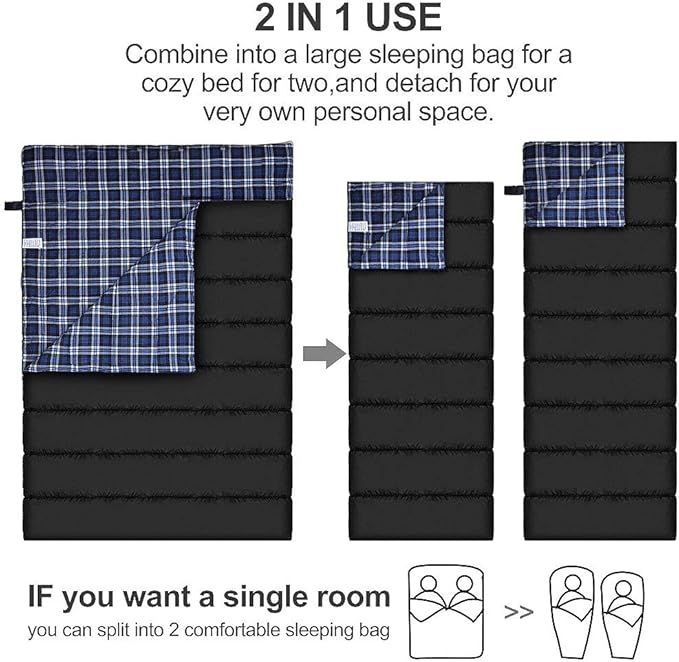 AGEMORE Cotton Flannel Double Sleeping Bag for Camping, Backpacking Or Hiking. Queen Size 2 Person Waterproof Sleeping Bag for Adults Or Teens. Lightweight with Compression Sack