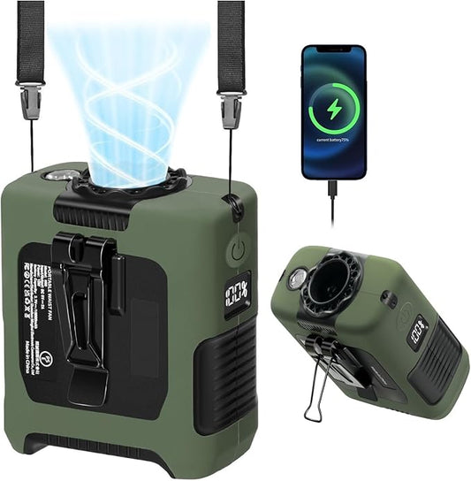 Portable Fan Wearable Personal Fan with 5 Speed Max 55 Working Hours Low Noise Portable Neck Fans Cooling Waist Fans for Camping Traveling LED Power Display 10000mAh Rechargeable (Dark Green)