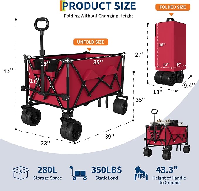 Heavy Duty Foldable Wagon for Beach, Extra Large Collapsible Foldable Wagon for Camping, All Terrain Beach Wagons Extended with Cup Holders for Sand