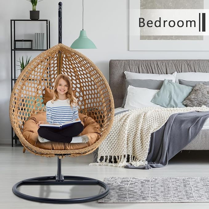 JUFU Egg Swing Chair with Stand,Hanging Egg Chair Indoor Outdoor,Hammock Hanging Basket Chair with Aluminum Steel Frame，Patio Egg Chair with Removable Cushions for Patio Balcony Backyard,Bedrooms