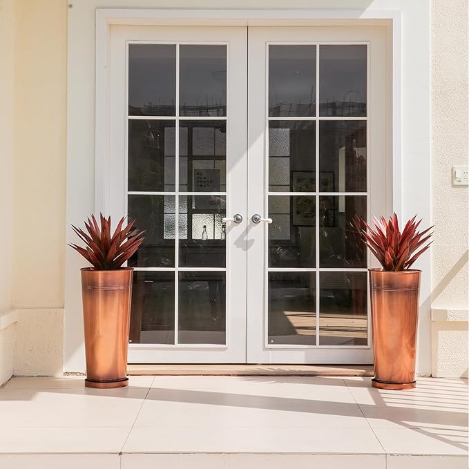 28in Tall Antique Copper Metal Vintage Planter Set of 2,Galvanized Steel Planter Pots for porches/Indoor/terraces Patio- Copper Color(2planters,2inner pots with Holes, 2trays)