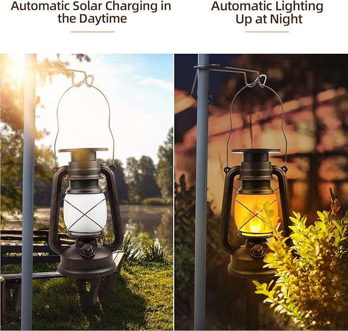 Richday Solar Lantern Outdoor Hanging, LED Vintage Flame Lantern,Solar Lights Dancing Flame,Waterproof Camping Lamps,Outdoor Indoor Decoration for for Table Patio Garden Yard Pathway Porch 2 Pack (2)