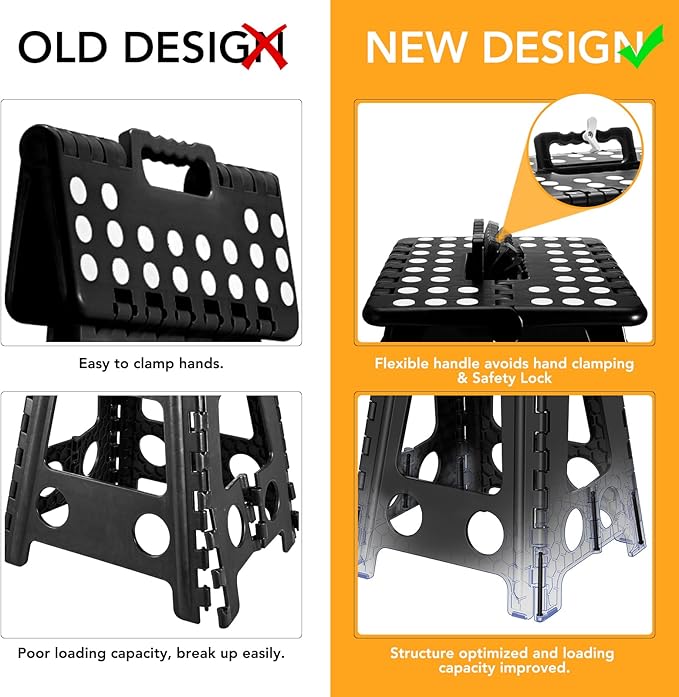 Delxo 16 Inch Folding Step Stool,Foldable Stool for Adults with Safety Lock,Portable Collapsible Plastic Stepstool,Non Slip Folding Stools for Kitchen Bathroom Bedroom Up to 400LBS,(Black 1PC)