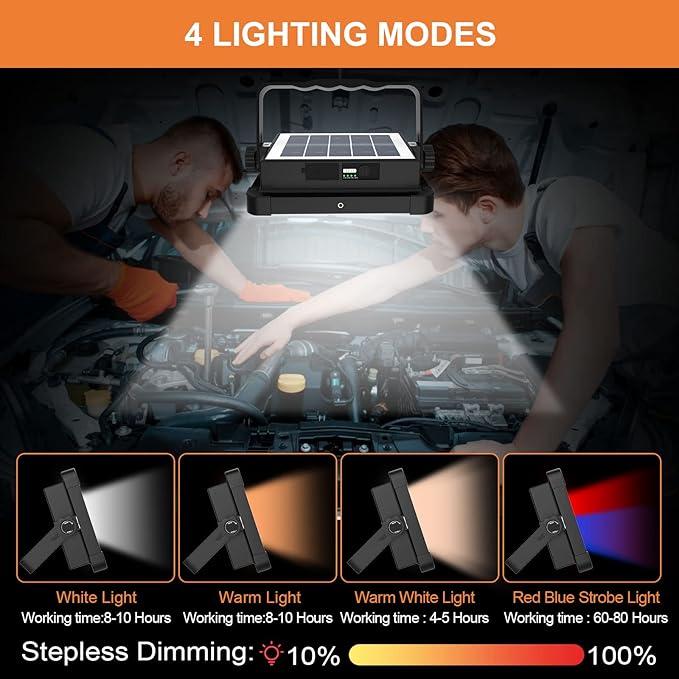 ERAY Portable LED Work Light with Rechargeable Battery 15000mAh 10000 LM, Solar Camping Lights, IP66 4 Lighting Modes Worklight for Outdoor Building Emergency Car Repairing