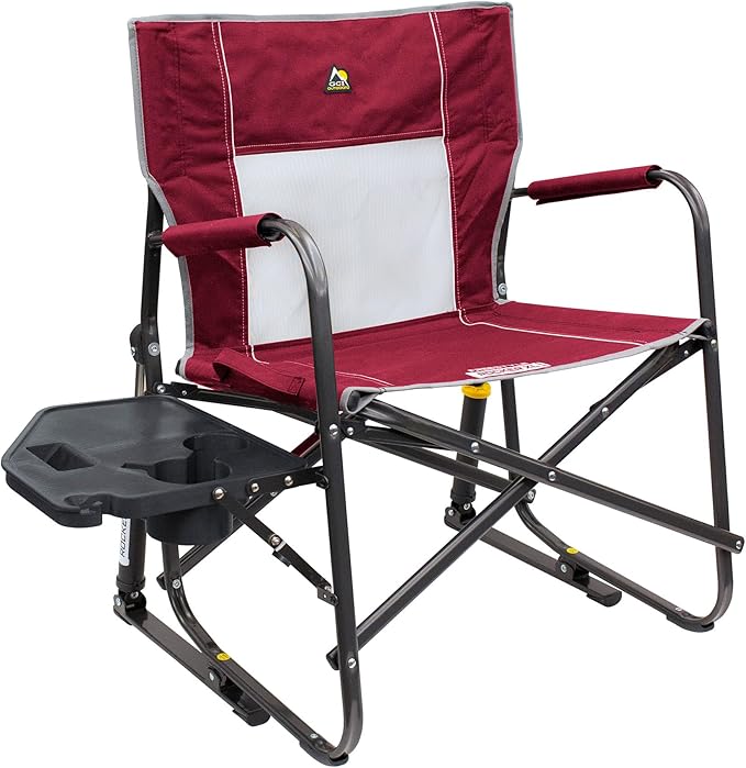 GCI OUTDOOR Freestyle Rocker XL with Side Table Camping Chair | Portable Folding Rocking Chair with Solid, Durable Armrests, Drink Holder & Comfortable Backrest — Red