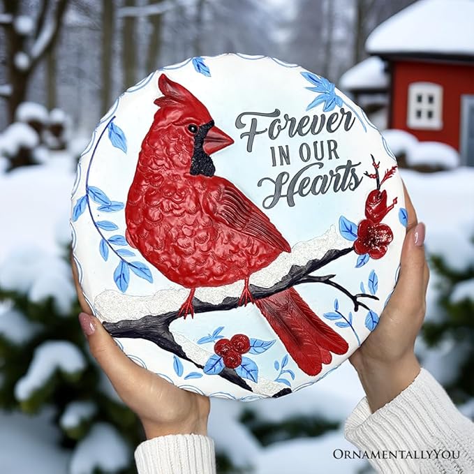 Elegant Resin Stepping Stone, Outdoor Garden Pathway Decoration (Forever in Our Hearts Cardinal Stepping Stone, 9.5" Winter Garden Decorative Resin Figurine)