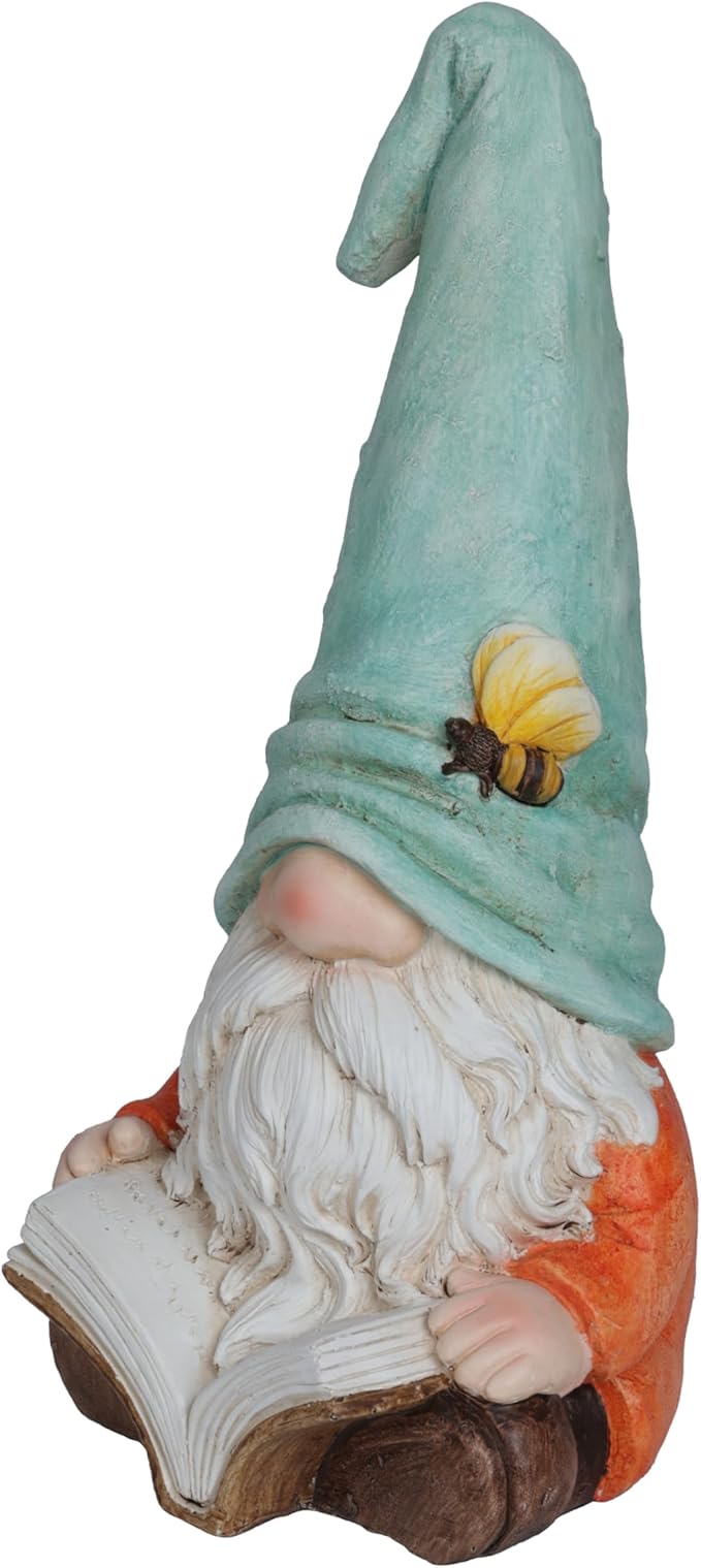 Alpine Corporation MCC844 Indoor/Outdoor Gnome Reading a Book Garden Statue, Charming Gnome Statue with Hat, 20" H, Turquoise