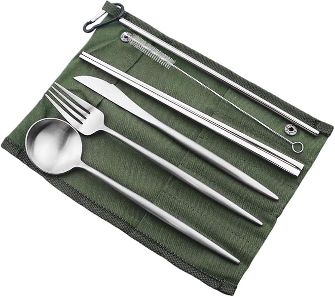 Gugrida Reusable Travel Utensils, 7 Pieces Portable 18/10 Stainless Steel include Knife Fork Spoon Chopsticks Cleaning Brush Straws Portable Pouch, Eco-friendly Camping Silverware Set, Dishwasher Safe