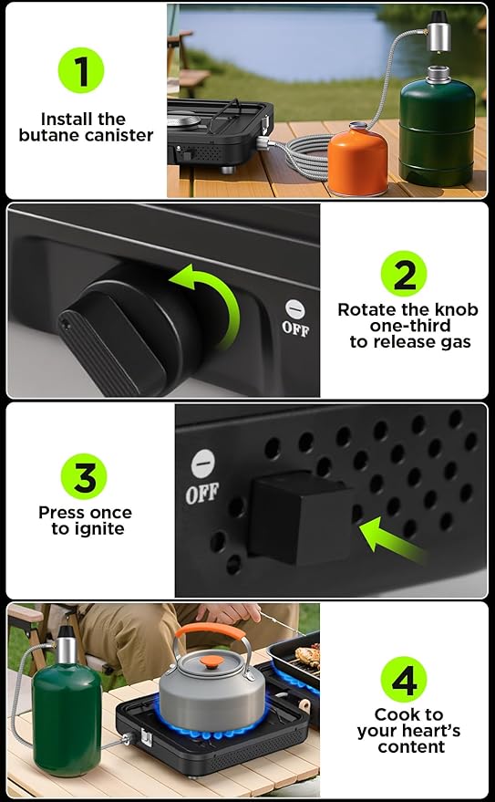 2 Burner Portable Propane Camping Stove, 2×5000 BTU Metal Compact Foldable Gas Burners Outdoor Cooking Stove with CGA600 5430 Propane Hose, Adjustable Flame, for Camping, Tailgating, Cooking Outdoor