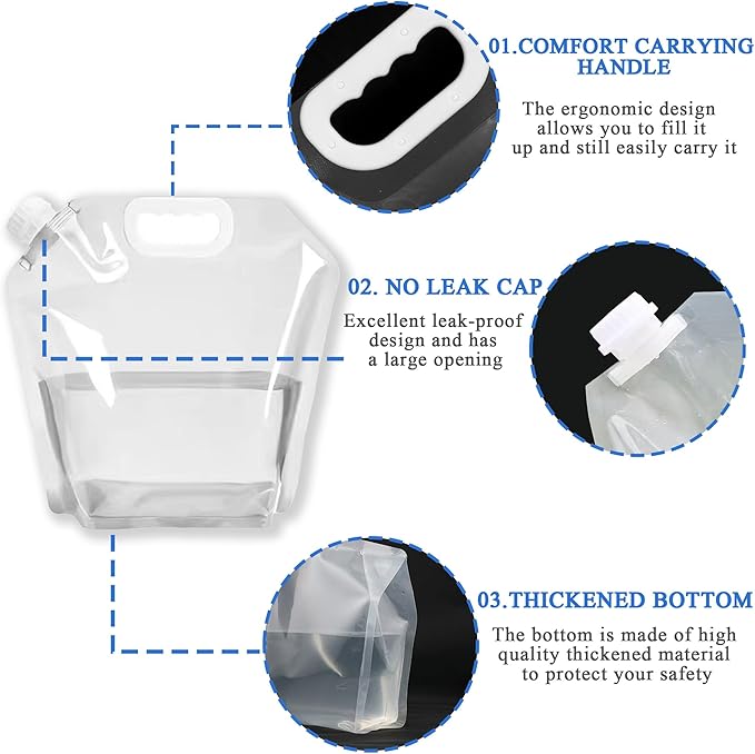 4 Pack Collapsible Water Jugs, 1.3/2.6 Gallon - Freezable, BPA Free Clear Plastic Water Bag with Handle for Outdoor, Camping, Emergency, Hiking - Leakproof Collapsible Water Container Bags(4 x 10L)