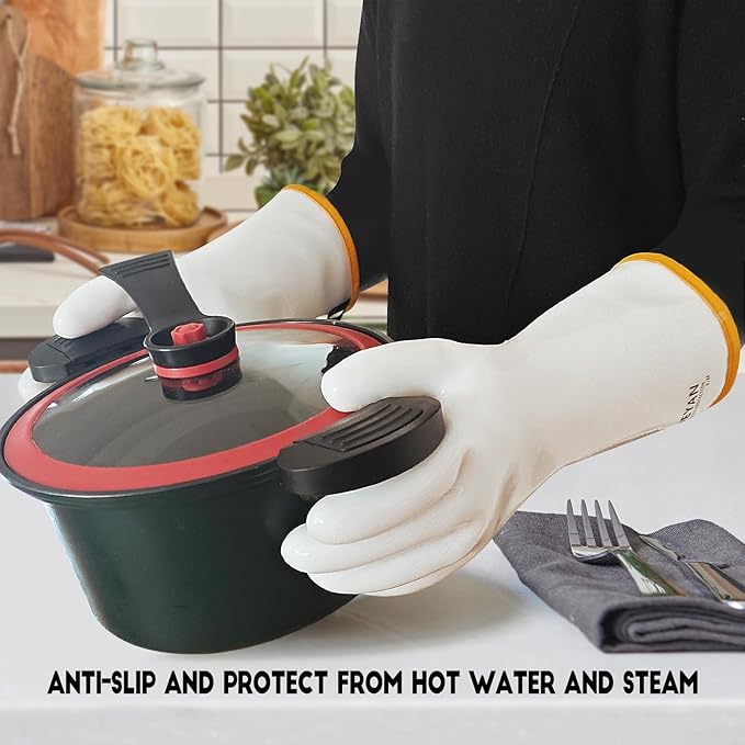 DEYAN Silicone BBQ & Oven Gloves - Food Grade, Heat Resistant Waterproof & Oil Proof Gloves for Grilling, Baking, Frying, Cooking - Long Sleeve & Non-Slip Grip, 1 Pair (White, 10/XL)