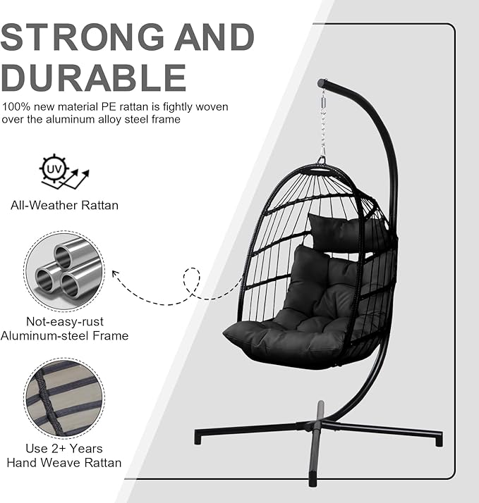 PRIVATE GARDEN Indoor Outdoor Patio Hanging Egg Chair Wicker Swing Hammock Chairs UV Resistant Cushion Folding Aluminum Frame 330lbs Capacity for Patio Bedroom Balcony (Black)