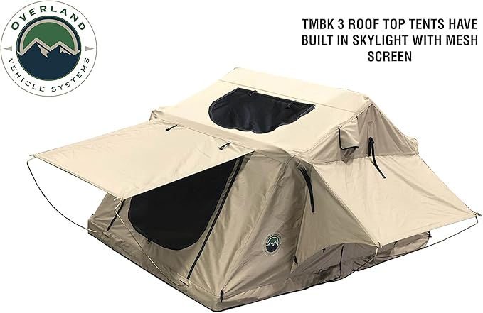 Overland Vehicle Systems TMBK 3 Person Roof Top Tent with Rain Fly Tan Body & Green Rainfly - Black Aluminum Base with Black Ladder - Universal Fitment
