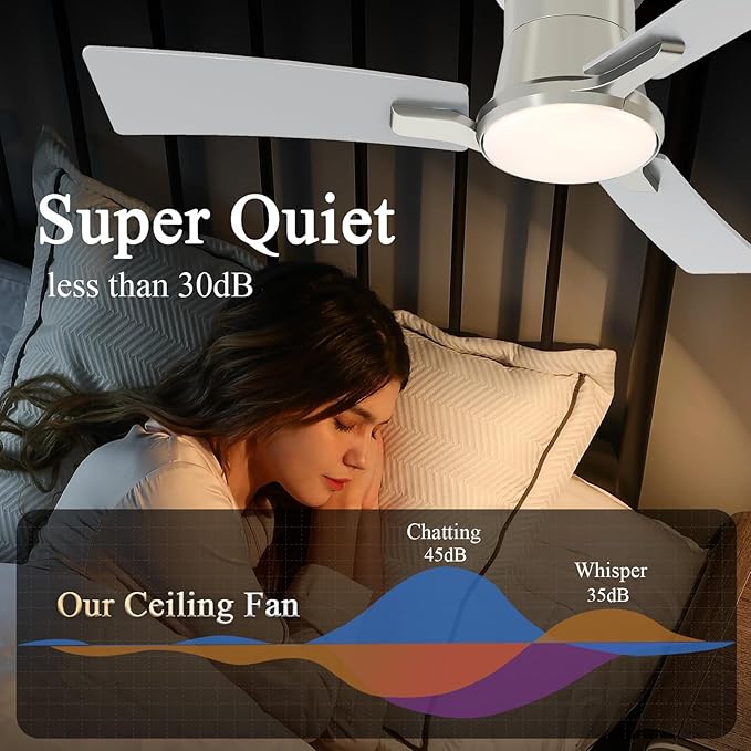 42 Inch Ceiling Fans with Lights and Remote,Brushed Nickel Low Profile Ceiling Fan with Light,Reversible,Flush Mount,6 Speeds,3CCT Dimmable,for Bedroom,Living Room,Indoor Patio
