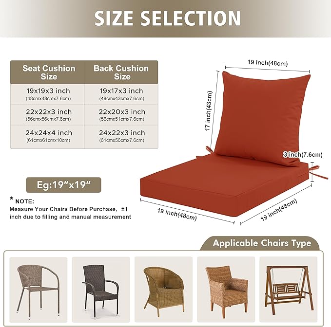 Outdoor Cushions for Patio Furniture, Waterproof Outdoor Chair Cushion w/Fade-Resistant, Removable & Machine-Washable Cover, 22x22 Inch, Deep Seat Sofa/Couch Pad Replacement – Set of 1/2/4, Rust