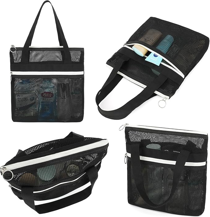 Mesh Shower Caddy Portable with Zipper & 2 Pockets - Quick Dry Shower Caddy Hanging for Travel Gym Camp Beach - Organizer Bag Bathroom Essentials for College Dorm