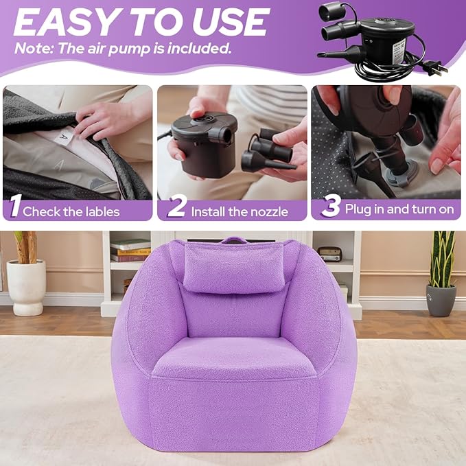 HABUTWAY Inflatable Bean Bag Chairs for Adult Blow up Chair Portable Inflatable Bean Bag Couch w/Electric Air Pump,Handle & Side Pocket for Movie Night Reading Gaming Living Room - Purple