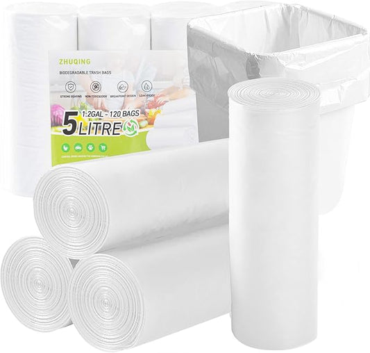 Zhuqing 1.2 Gallon Trash Bags, 5L Biodegradable Garbage Bags, 120 Counts Compost Wastebasket Liners Bags for Kitchen Bathroom Office, White
