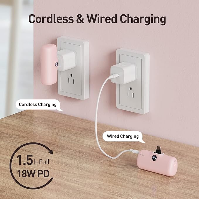 iWALK Small Portable Charger, 4,800mAh 18W PD Fast Charging Power Bank with Built-in USB-C Connector, External Mini Battery Pack for Samsung Galaxy S25/S24/S23, Android, iPhone 15/16/Pro/Max, Pink