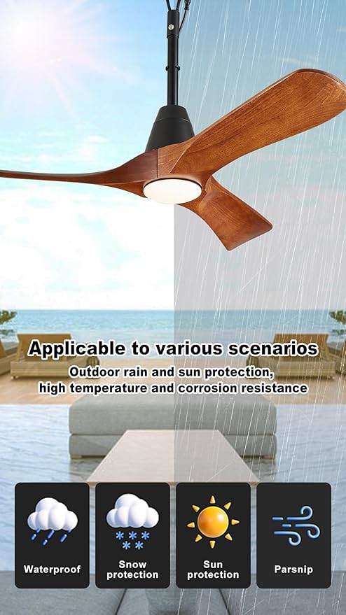 3 Blades Wood Outdoor Ceiling Fan with Light for Patios, Farmhouse Rustic Ceiling Fans with Lights, 42" Plug-in Wet Rated Outdoor Gazebo Fan for Exterior House Porch Patio, Waterproof,F246