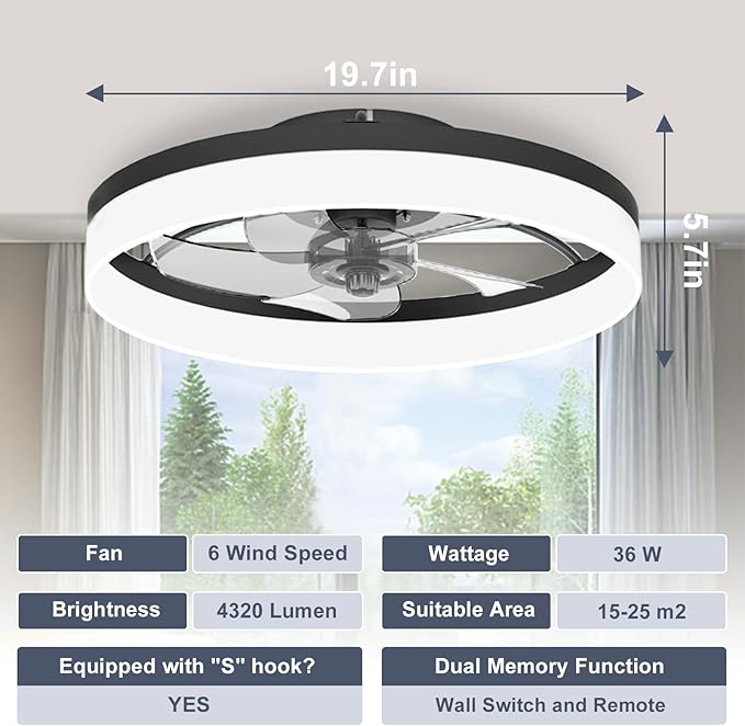 VOLISUN Low Profile Ceiling Fans with Lights and Remote, Fandelier Ceiling Fan Flush Mount, 3000K-6500K Smart Bladeless LED Fan Light, Black Modern Ceiling Fans with Lights for Bedroom