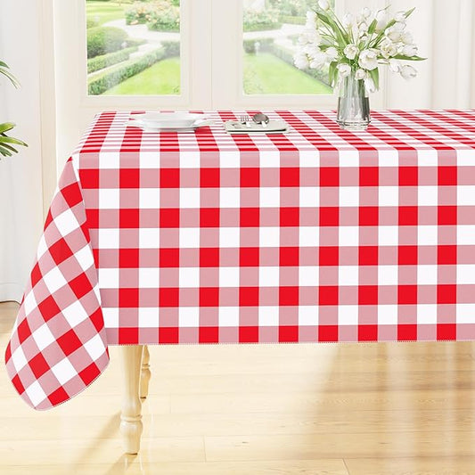 Smiry Rectangle Table Cloth, Waterproof Vinyl Tablecloth with Flannel Backing, Wipeable Buffalo Plaid Table Cover for Dining, Indoor and Outdoor (Red & White, 60"x120")