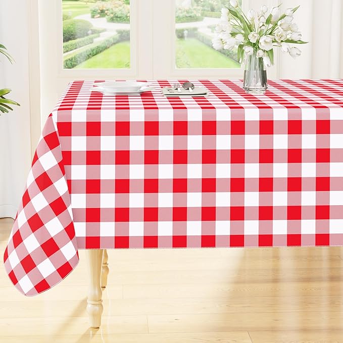 Smiry Rectangle Table Cloth, Waterproof Vinyl Tablecloth with Flannel Backing, Wipeable Buffalo Plaid Table Cover for Dining, Indoor and Outdoor (Red & White, 52"x70")