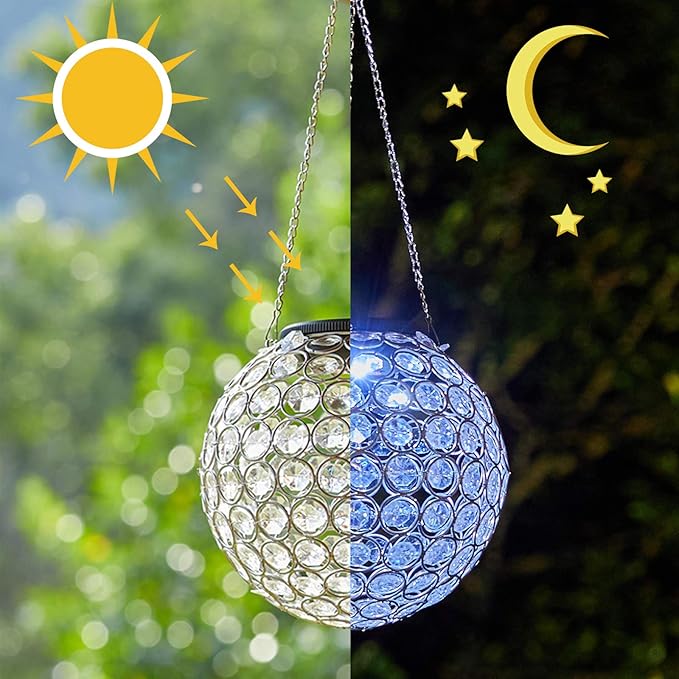 Solar Hanging Lantern Outdoor Lights, Dual LEDs Color Changing and Cool White Hanging Light Waterproof Crystal Globe Lamp Decoration in Garden, Pathway, Front Door - Clear