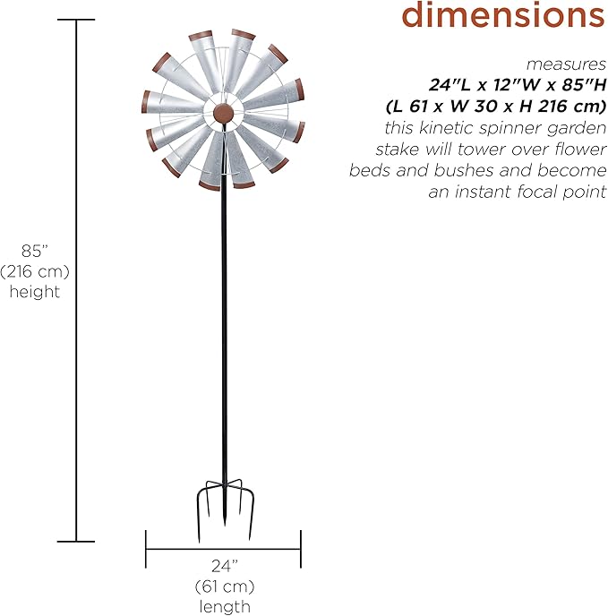 Alpine Corporation SLL2652SL 85" Metal Windmill Garden Stake, Large Outdoor Wind Spinner for Yard, Lawn, Patio, or Garden with Durable Iron Construction, Silver