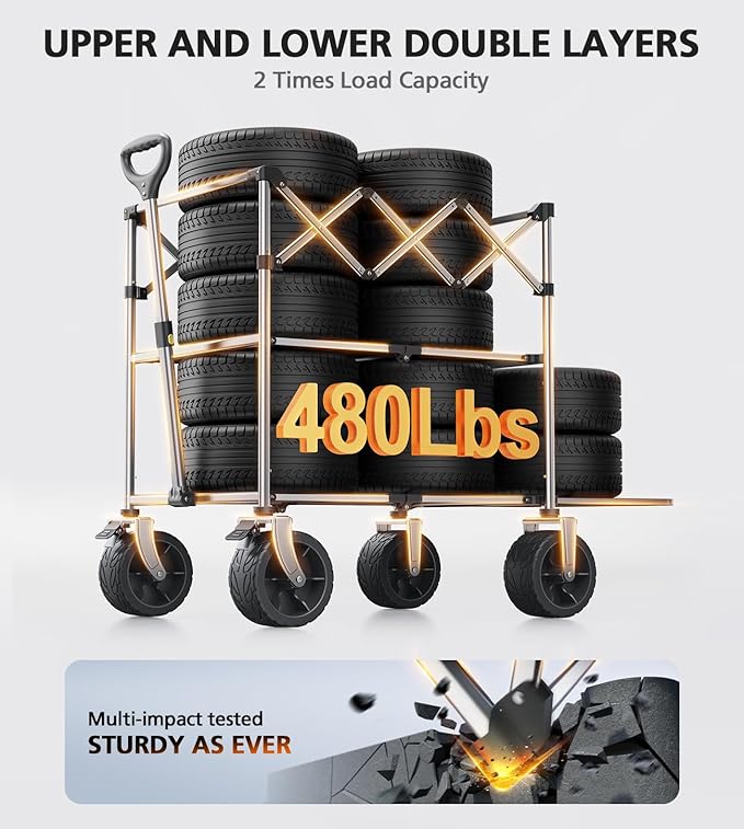 Double Decker Wagon, 480Lbs Capacity, Big Wheels & Side Pocket, Folding Wagon for Shopping, Garden, Camping, Fish - Grey