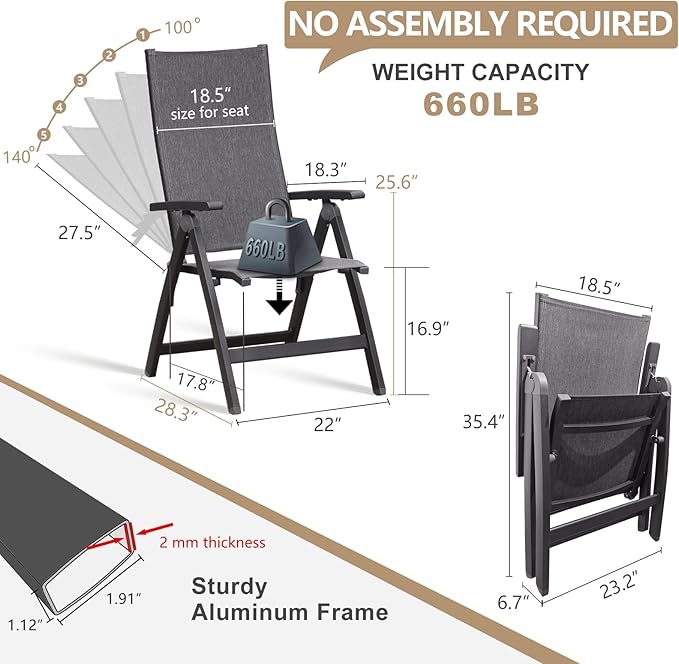 Folding Chair, Indoor & Outdoor Balcony, Patio Porch, Garden Lawn, Pool, for Comfortable Black Foldable Chairs, Portable Cozy Recliner, Metal Frame, Heavy Duty Durable