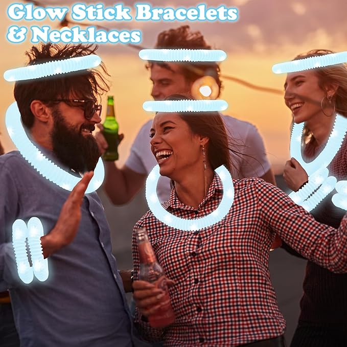White Glow Sticks Party Favors for Kids 24 PCS,LED Light up Pop Tubes for Toddlers, Neon Necklaces Bracelets Accessories, Glow Birthday Wedding Dance Party Supplies Camping Toys Decorations