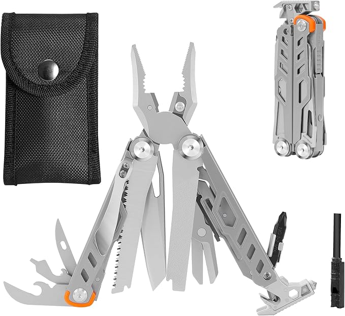 HANSHI Multitool Pliers, 22-in-1 YG10 Tungsten Steel Multi Tool with Scissors,Replaceable Wire Cutters, Flint, Window Breaker, Back Clip,Ideal for Camping, Survival and Gift (Sliver)