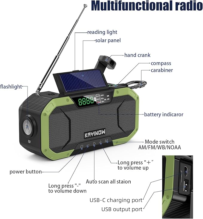Hand Crank Emergency Radio,Portable AM FM NOAA Weather Radio,Solar Power,Battery Operated,USB Charging Flashlight,Cell Phone Charger,Waterproof,SOS for Camping,Power Outage,Survival Storm