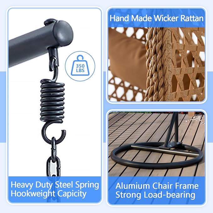 JUFU Egg Swing Chair Indoor Outdoor, Hanging Egg Chair with Aluminum Steel Frame, Patio Egg Chair with Removable Cushions, 350 lbs Capacity