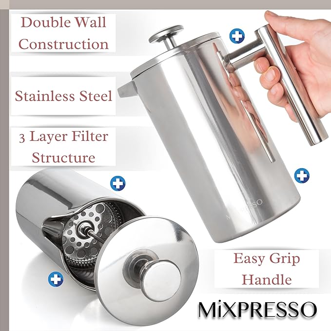 Mixpresso Stainless Steel French Press Coffee Maker 27 Oz 800ml, Double Wall Insulated French Press Stainless Steel, Built-In Thermometer, Easy Clean Tea Brewer, Easy Press Durable Metal Coffee Press