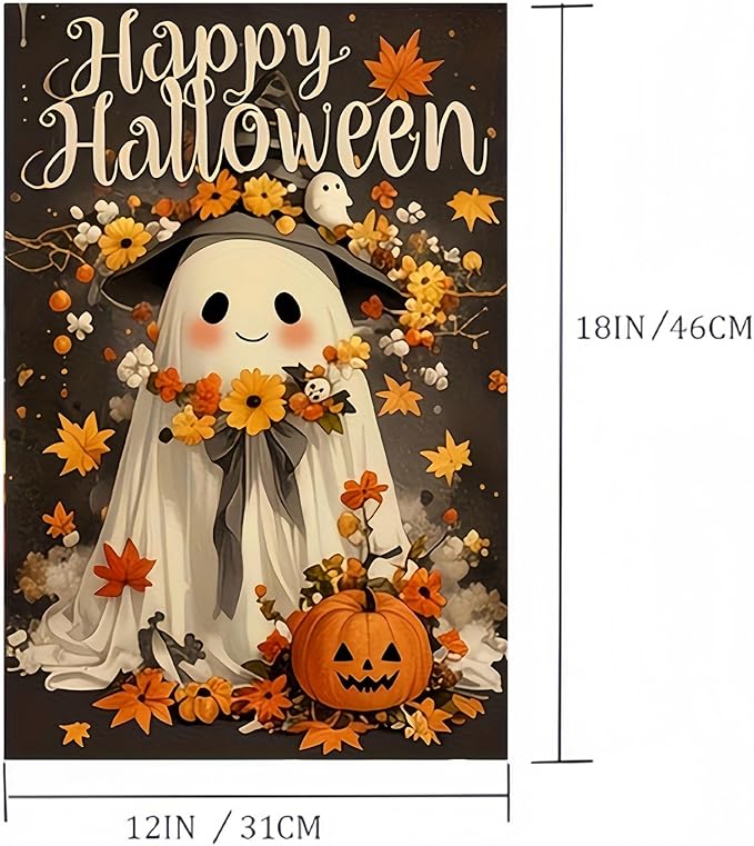 Happy Halloween Garden Flag 12X18 Inch Double Side,Cute Pumpkin Ghost Yard Flag, Jack O Lantern Small Garden Flag,Yard Outdoor Flag for Holiday Outside Patio Lawn Decoration