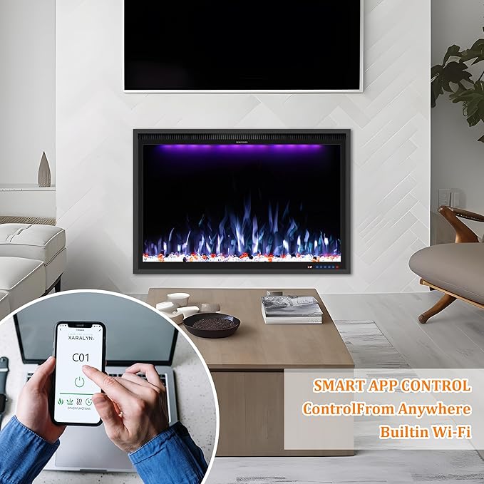 Benrocks 40'' WiFi- Enabled Electric Fireplace Inserts - Alexa & App Control, Slim Recessed & Wall Mounted, 13 * 13 * 3 Flame Color Combinations, 750W/1500W, Black