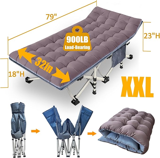79" L x 32" W x 18" H Camping Cot with Comfortable Mattress for Adults Oversize XXL Cots for Sleeping Camping Bed Folding Cot Heavy Duty with Carry Bag for Home Outdoor Travel