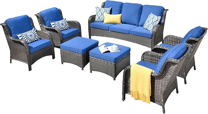 ovios 7 Pieces Patio Furniture Set, Outdoor Wicker Sofas with 4 Chairs, Ottomans and Comfy Cushions, All Weather High Back Couch Set for Deck Porch, Brown Rattan, Navy Blue