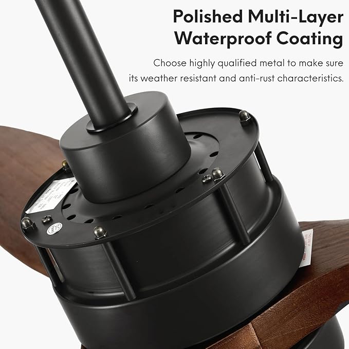 EKIZNSN 32“ Wet Rated Ceiling Fans with Lights Outdoor Hanging for Gazebo Waterproof, DC Motor w 3 Reversible Walnut Wood Blades, Walnut