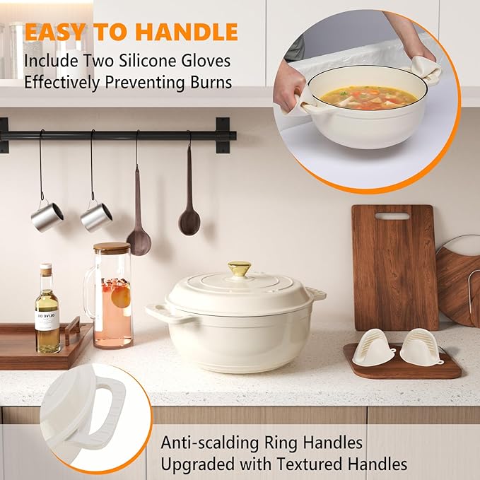 BONNLO 6QT Round Dutch Oven, Enameled Cast Iron Dutch Oven Pot with Lid & Dual Handles, Oven Safe Up to 500° F, for Sourdough, Bread Baking, Stews and Roasting (Cream)