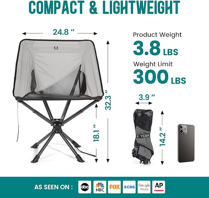 Swivel Portable Chair - Small Compact Collapsible Folding Chairs for Adults, Setup in 8 Seconds, Lightweight Outdoor Backpack Chair for Camping, Travel, Hiking, Beach, Support 300 LBS
