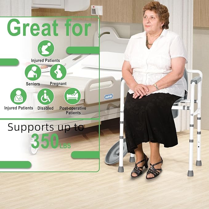 3 in 1 Bedside Commode with Arms 350 lbs, Width 21.5'' Steel Toilet Commode Adjustable Height, Porta Potty for Adults Commode Chair with 6QT Bucket, Easy Cleaning, Tool-Free Assembly