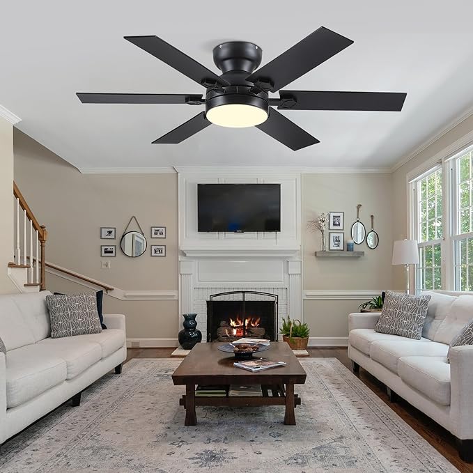52" Black Low Profile Ceiling Fans with Lights and Remote, Modern Flush Mount Ceiling Fans with Quiet DC Motor, 6 Speeds Reversible