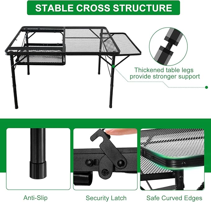 4ft Folding BBQ Table with Wing Plate, Height Adjustable Metal Table with Small Charcoal Grill, Portable Outdoor Table Removable to Two Tables (Bright Black)