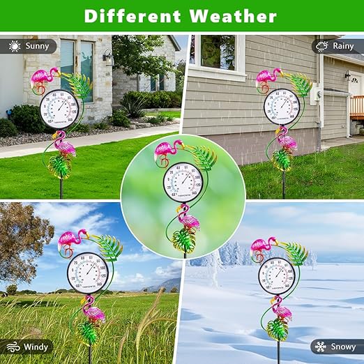 Outdoor Thermometer, No Battery Needed Outside Thermometer with Garden Stake, Flamingo Wall Thermometer for Yard Patio Decor